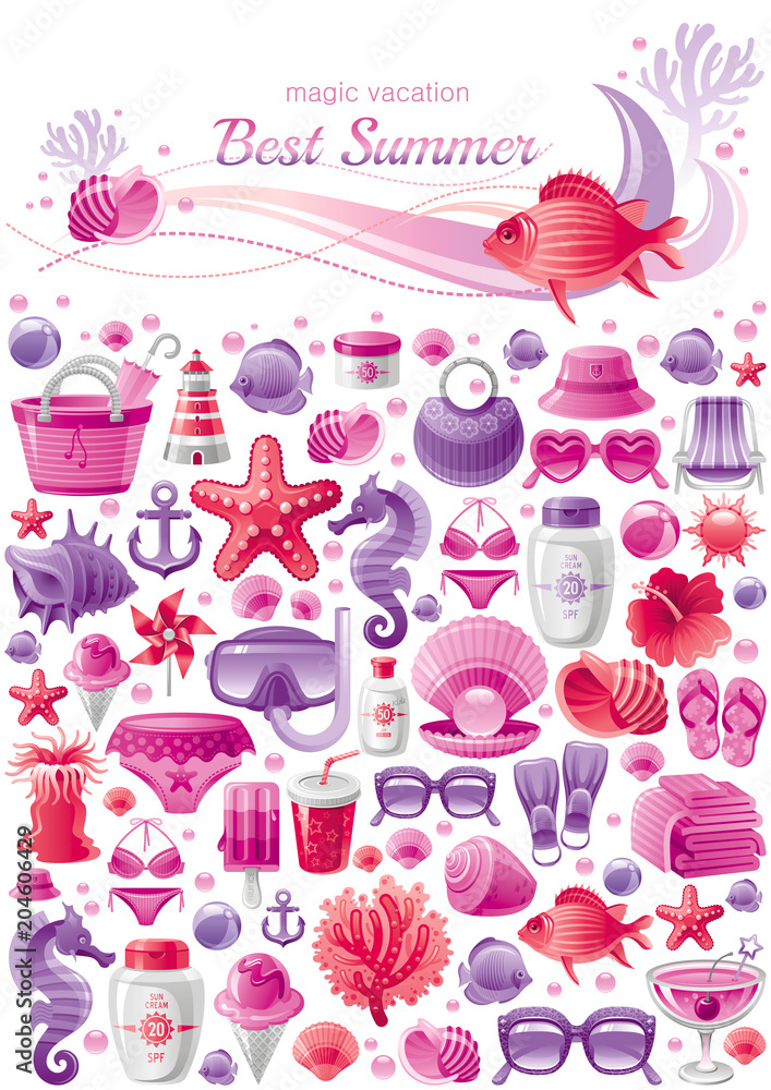 Summer sea travel banner pattern. Repeat wallpaper vector background poster. Vacation icon set illustration. Flat funky icons, sun, coral, oyster shell pearl, lighthouse, hat, starfish, csuba mask
