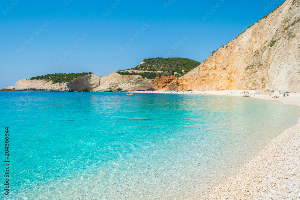 Porto Katsiki beach in Lefkada Ionian island in Greece. View of the turquoise sea waters of the ocean