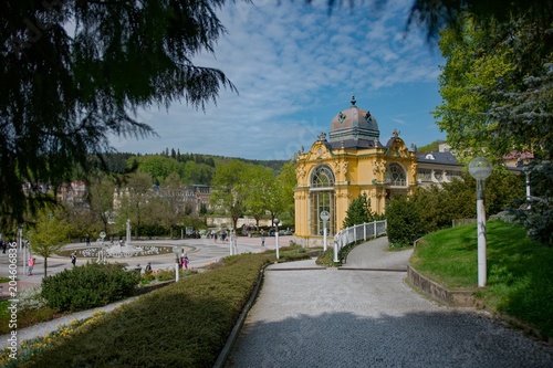 Main colonnade and Singing fountain in Marianske Lazne (Marienbad) - great famous Bohemian spa town in the west part of the Czech Republic (region Karlovy Vary)