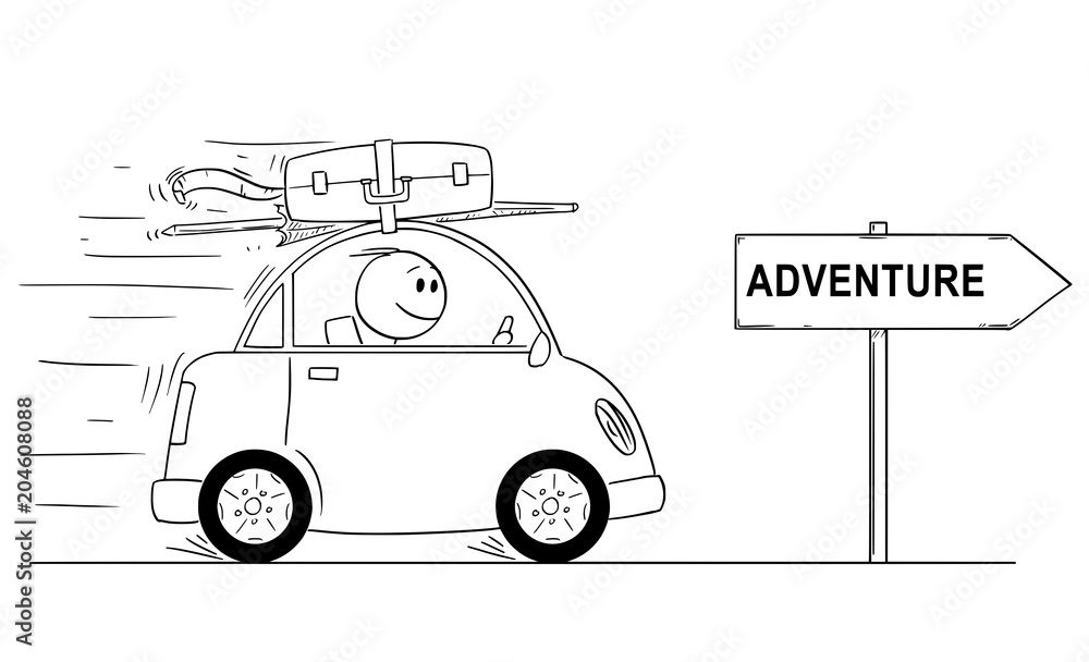 Cartoon stick man drawing conceptual illustration of smiling man in small  car going on holiday or vacation. Arrow sign with adventure text. Stock  Vector | Adobe Stock