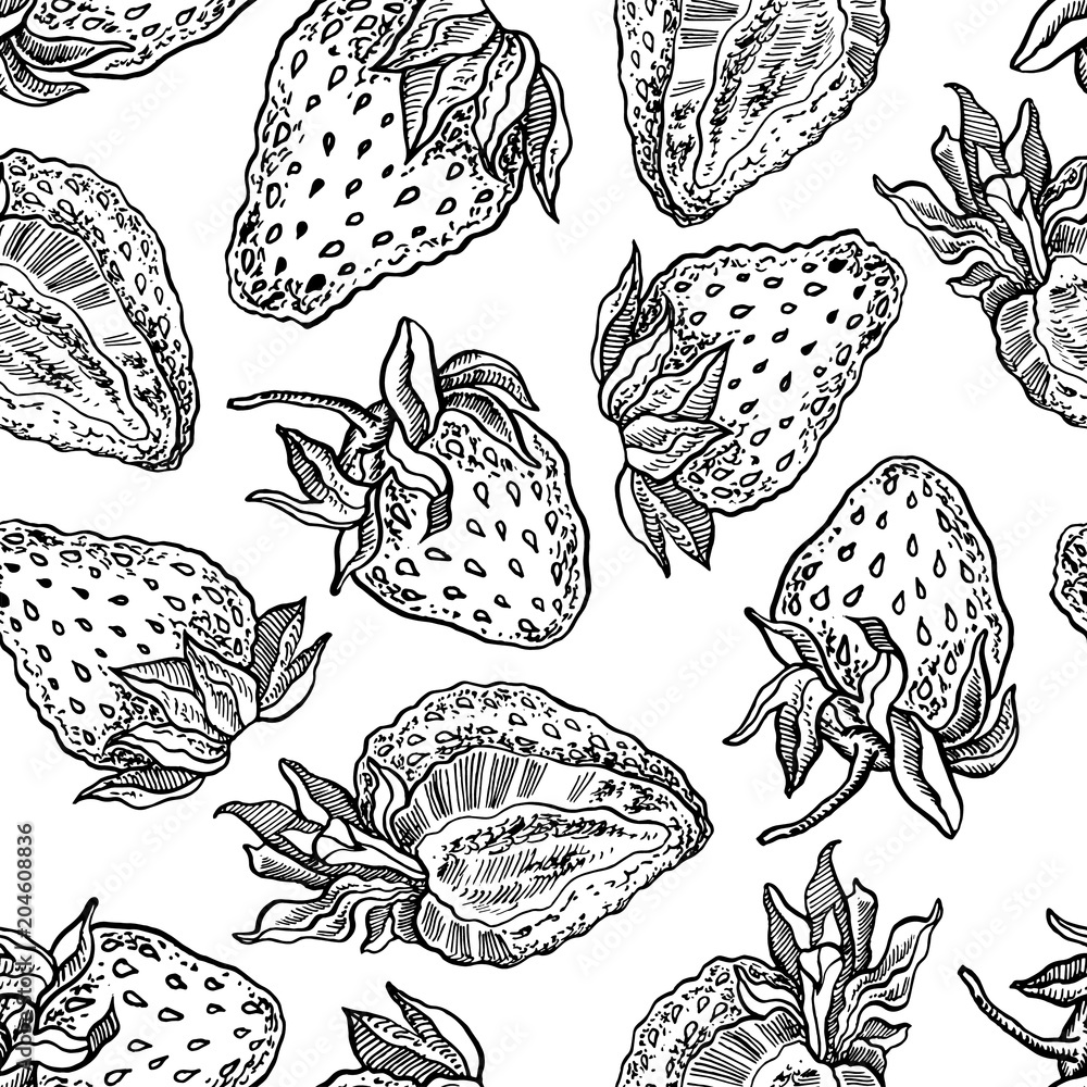 Fototapeta premium Strawberries seamless pattern. Vector hand drawn graphic illustration.