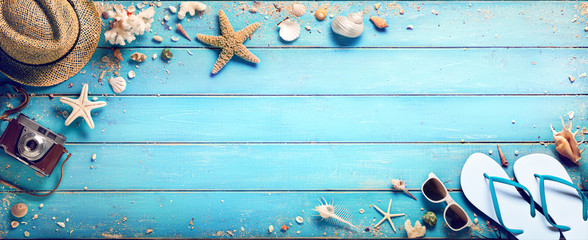 Beach Accessories With Seashells On Wooden Plank - Summer Holidays
