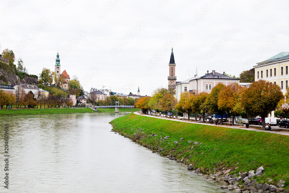 Panorama view of Salzach river in Salzburg, Austria Panorama view of Salzach river in Salzburg, Austria
