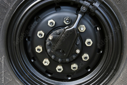 Closeup view of a rubber tire on a truck