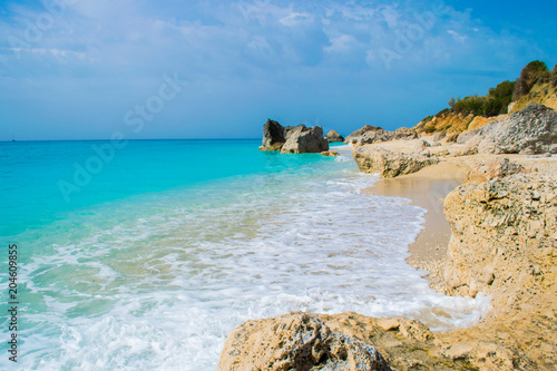 Fototapeta Naklejka Na Ścianę i Meble -  Megali Petra (big rock) beach in Lefkada ionian island in Greece. 