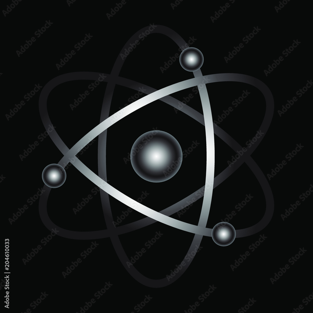 Atom sign isolated on black background. Atom symbol, chemistry & science research. Vector illustration Atom sign isolated on black background. Atom symbol, chemistry & science research. Vector illustration