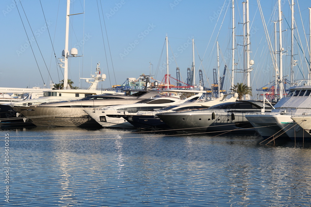 Luxury yachts moored in the port of Valencia Spain
