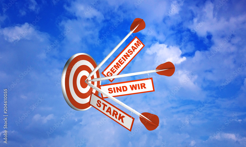 Pfeile auf Zielscheibe im Wolkenhimmel. Konzept zur Motivation. Mit Text in Deutsch Gemeinsam