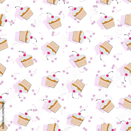 Cupcakes with cherries on a white background. Seamless pattern. Background image, design for textiles, packaging materials.