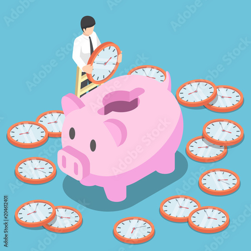 Isometric businessman putting a clock into a pink piggy bank