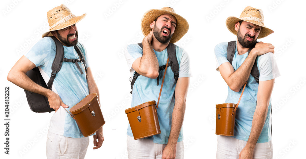 Set of Funny tourist with neck pain, shoulder pain and back pain Stock  Photo | Adobe Stock