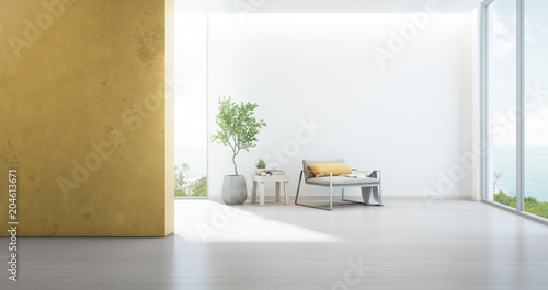 Sea view living room of luxury beach house with armchair near window on wooden floor. Empty white and yellow wall background in vacation home or holiday villa. Hotel interior 3d illustration.
