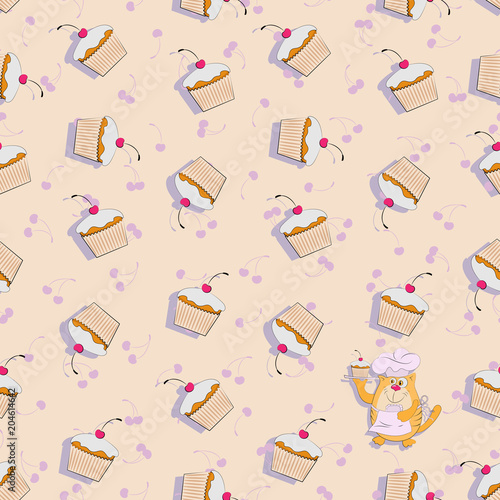 Cat confectioner and cupcakes with cherries. Beige background. Seamless pattern. Background image, design for textiles, packaging materials.