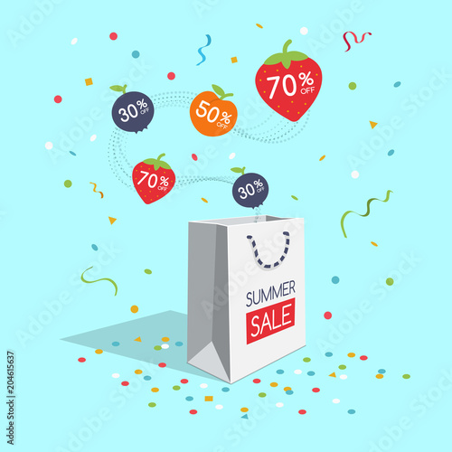 Special summer sale symbol with shopping bag, flying colorful fruit labels and confetti isolated on light blue background. Easy to use for your design with transparent shadows.