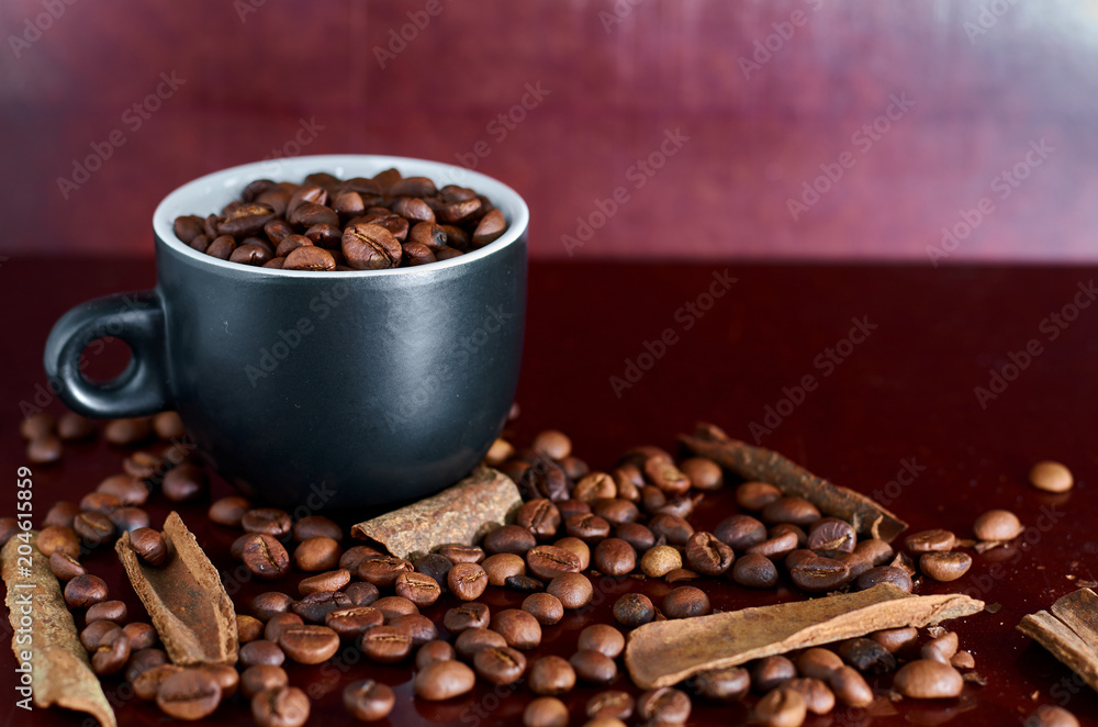 coffee beans, black Cup and cinnamon coffee beans, black Cup and cinnamon