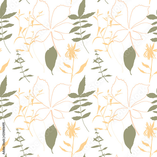 Floral vector seamless pattern with wild flowers, chestnut tree leaves and he...