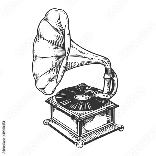 Old fashioned gramophone engraving vector