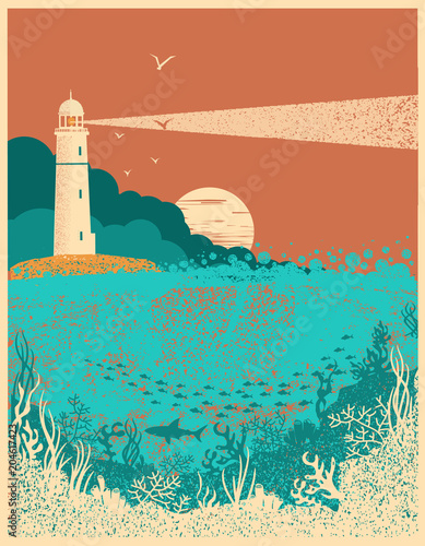 Lighthouse on sunset with sea waves.Underwater sea poster background