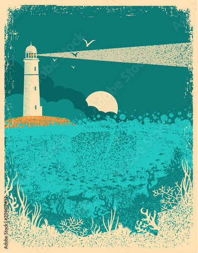 Lighthouse on sunset with sea waves.Underwater sea background on old paper texture