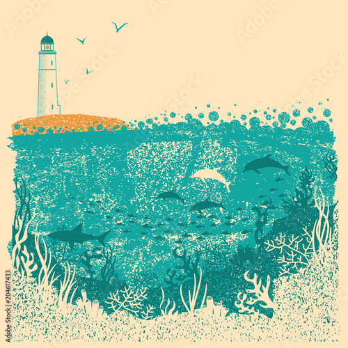 Lighthouse and sea waves with Underwater sea background on old paper texture