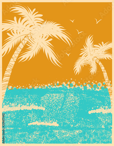Tropical palms background with ocean waves