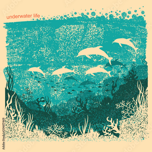 Silhouette of dolphins in Underwater sea background on old paper texture