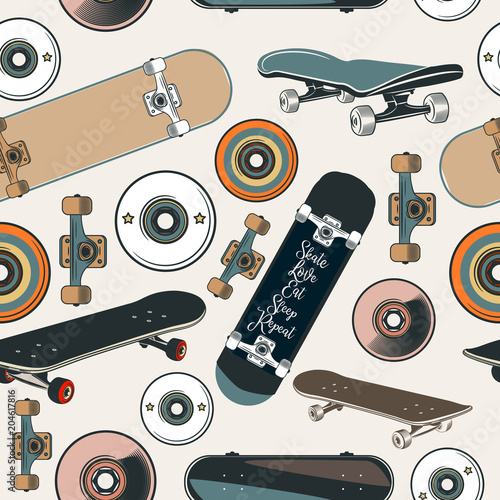 Vector pattern with skateboards in vintage hipster style