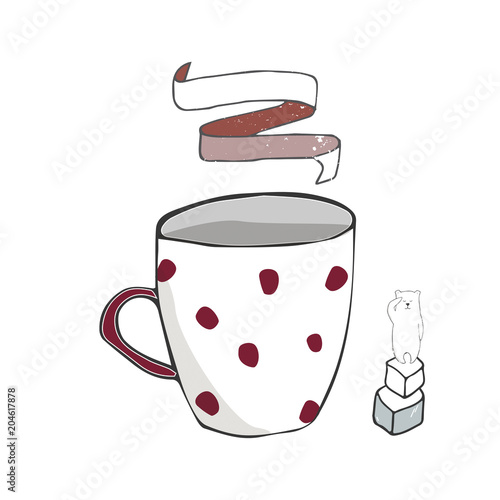 porcelain mug vector illustration color funny polar bear cup coffe sugar breakfast celebration text similar dinnerware tea print texture red pattern on white background