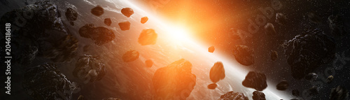 Tableau sur toile Panoramic view of planet Earth with asteroids flying close 3D rendering elements