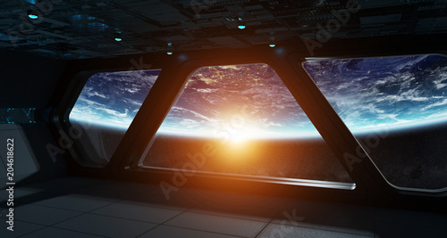 Fototapeta Naklejka Na Ścianę i Meble -  Spaceship futuristic interior with view on planet Earth