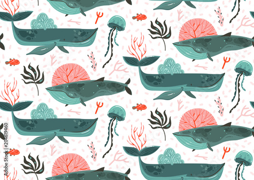 Hand drawn vector abstract cartoon graphic summer time underwater ocean bottom illustrations seamless pattern with coral reefs,beauty big whales,seaweeds and jellyfish isolated on white background