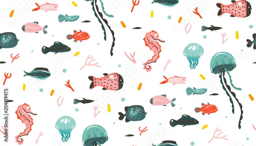 Tapeta Ręcznie rysowane wektor streszczenie kreskówka graficzny czas letni podwodne ilustracje wzór z rafy koralowej, meduzy, konika morskiego i różnych ryb na białym tle