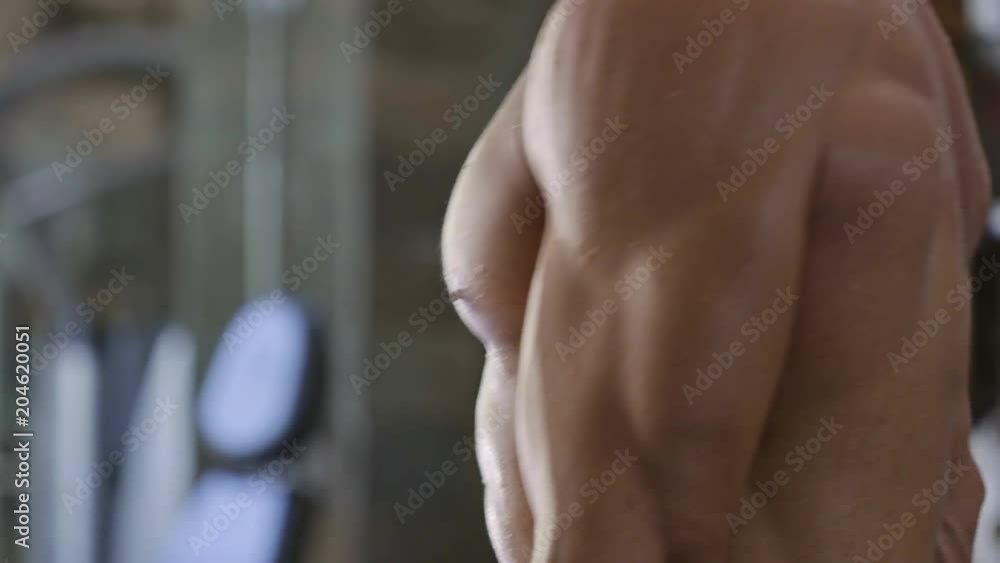 Tilt up shot of shirtless man working out at the gym and doing one-arm dumbbell curl exercise Tilt up shot of shirtless man working out at the gym and doing one-arm dumbbell curl exercise