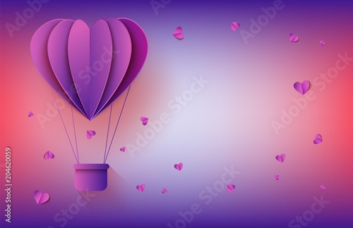 Hot air balloon in form of heart in paper art on gradient background for romantic greeting card - vector illustration of abstract aerostat and hearts made from paper or carton.
