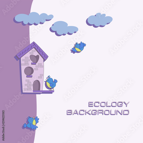 Bird house and birds of the titmouse. Ecological background. Poster with place for text. Cartoon style.
