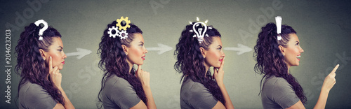 Side view sequence of a woman being thoughtful, thinking, finding a solution