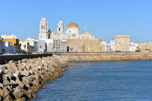 Seaside with the Cathedral in the background in Cadiz in Andalusia, Spain