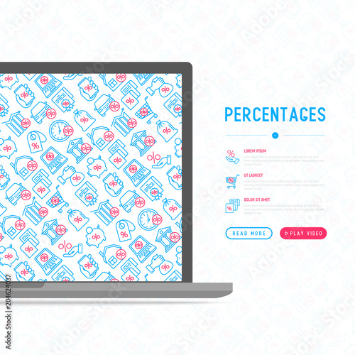 Percentages concept with thin line icon  loan  credit  offer  interest rate  sale  discount  percentage graph of growth or fall  leasing  on screen of smartphone. Vector illustration for print media.