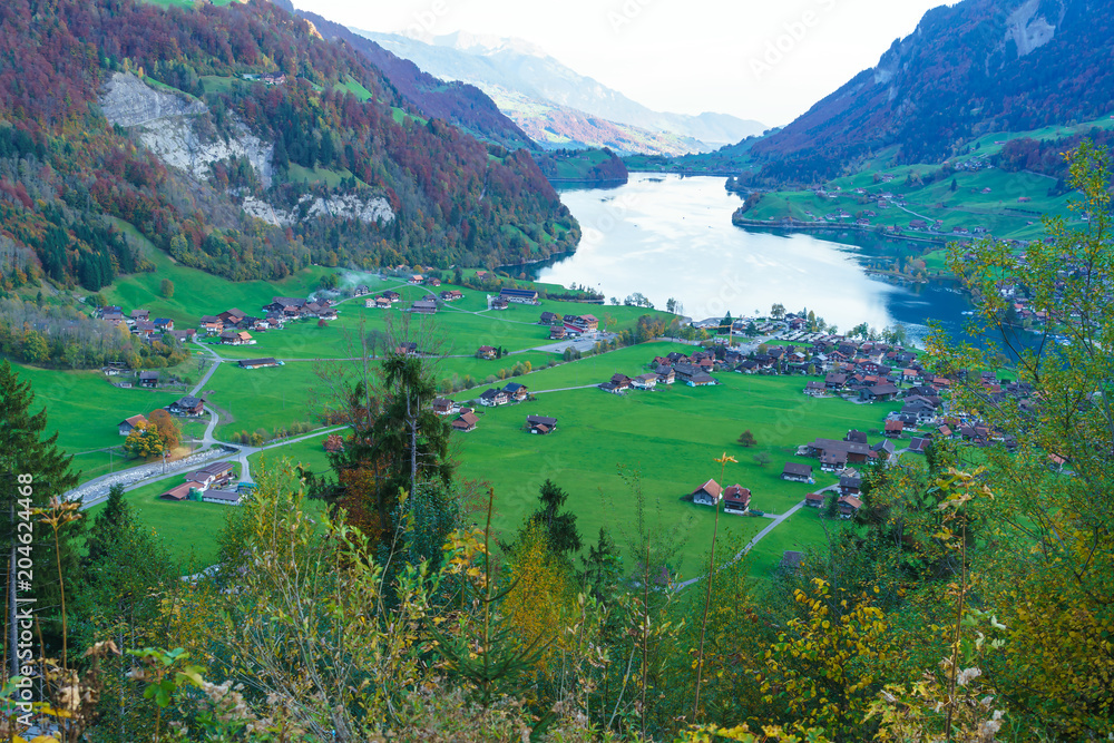 Valley of Lake Lungern or Lungerersee in Obwalden, Switzerland