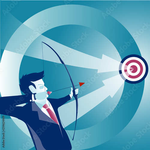 Concept business vector illustration. Businessman holding bow and shooting to archery target.