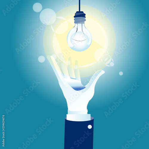 Hand's businessman with glowing light bulb.Get ideas! WOW.Concept business vector illustration.