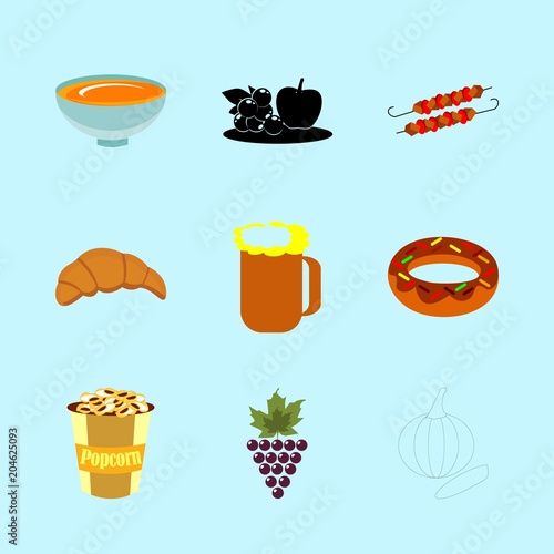 icons about Food with popcorn, corn, beer glass, bar and bake