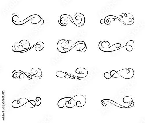 Design elements set: scrolls and swirls, VECTOR collection of drawn calligraphic swirly lines isolated on white background, book decorations. Wedding cards, invitations.