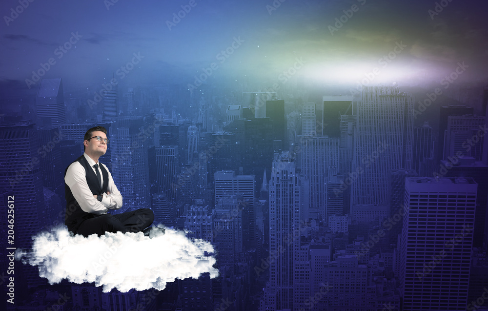 Caucasian businessman sitting on a white fluffy cloud above the city, thinking and wondering Caucasian businessman sitting on a white fluffy cloud above the city, thinking and wondering