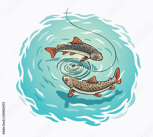 Vector illustration about fly fishing, trout swim around the bait.