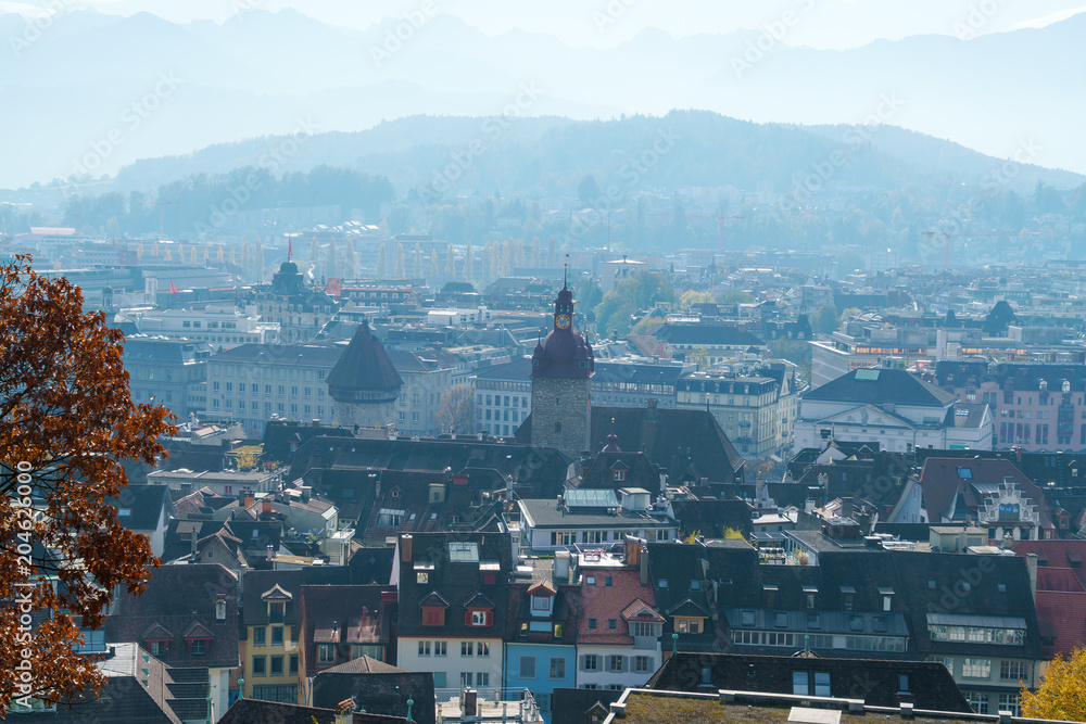 Panoramic view from tower of city wall on city with Rathaus  tower, Lucerne, Switzerland