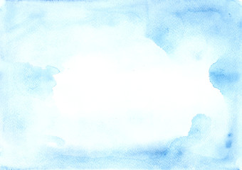 Universal watercolor blue frame with stains of paint on a white paper texture. Ideal for text, layouts, banners and advertising.