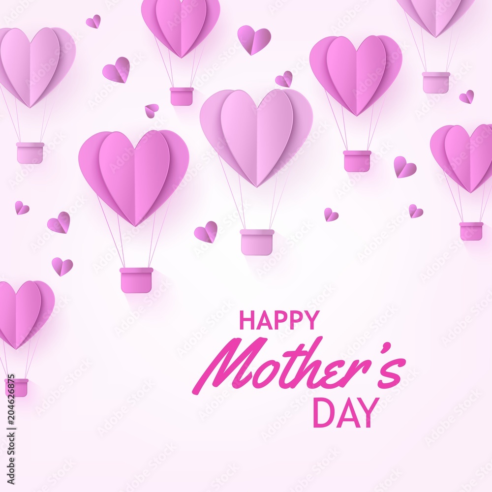 Pink hot air balloons in form of hearts in paper art on tender background for Mothers Day banner. Abstract aerostats and hearts made from paper or cardboard in vector illustration.