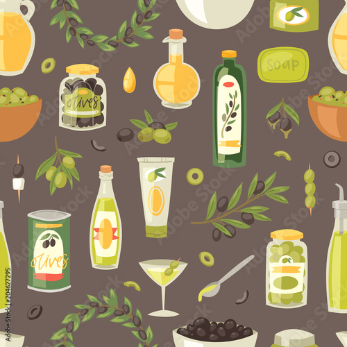 Olive vector oliveoil bottle with virgin oil and olivaceous ingredients for vegetarian food illustration set of olivebranch or olivet for wreath seamless pattern background