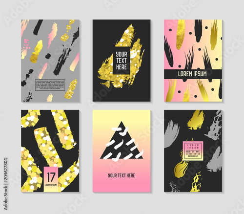 Trendy Abstract Posters Set with Place for your Text and Golden Brushes. Hipster Geometric Banners, Placards, Backgrounds 80-90 Vintage Style. Vector illustration
